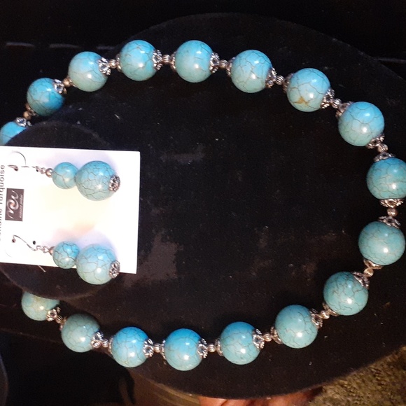 GENUINE TURQUOISE STERLING SILVER 925 SET NECKLACE N EARRINGS - Picture 1 of 6